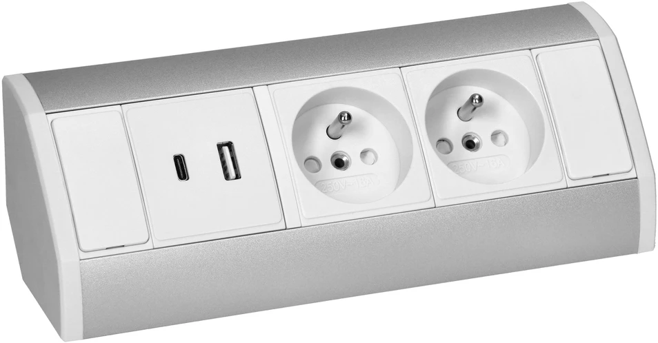 Orno Lizdas Baldinis lizdas 2x2P+Z, 2xUSB (A+C tipo; 2.4A), baltas-sidabrinis