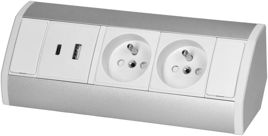 Orno Lizdas Baldinis lizdas 2x2P+Z, 2xUSB (A+C tipo; 2.4A), baltas-sidabrinis