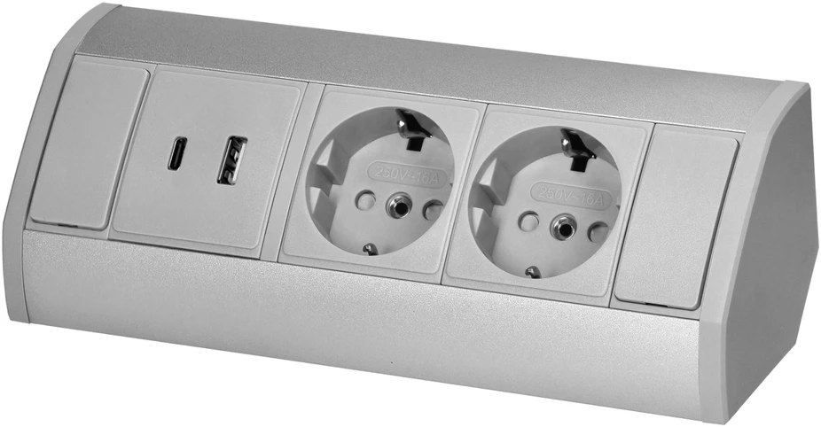 Orno Lizdas Baldinis lizdas 2x2P+Z (Schuko), 2xUSB (A+C tipo; 2.4A), pilkai sidabrinis