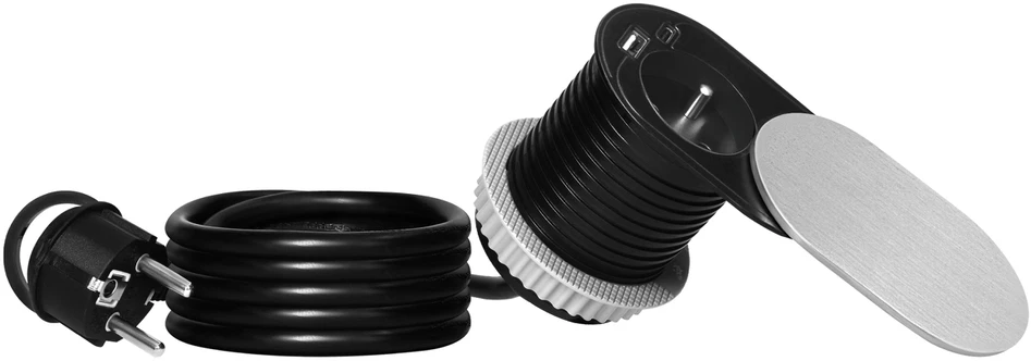 Orno Lizdas Baldinis lizdas Ø6cm, įleidžiamas į stalviršį su stumdomu dangteliu, USB įkrovikliu ir 1,9m laidu, 1x2P+Z (prancūziškas), 2xUSB (A+C tipo; PD20W), sidabrinis
