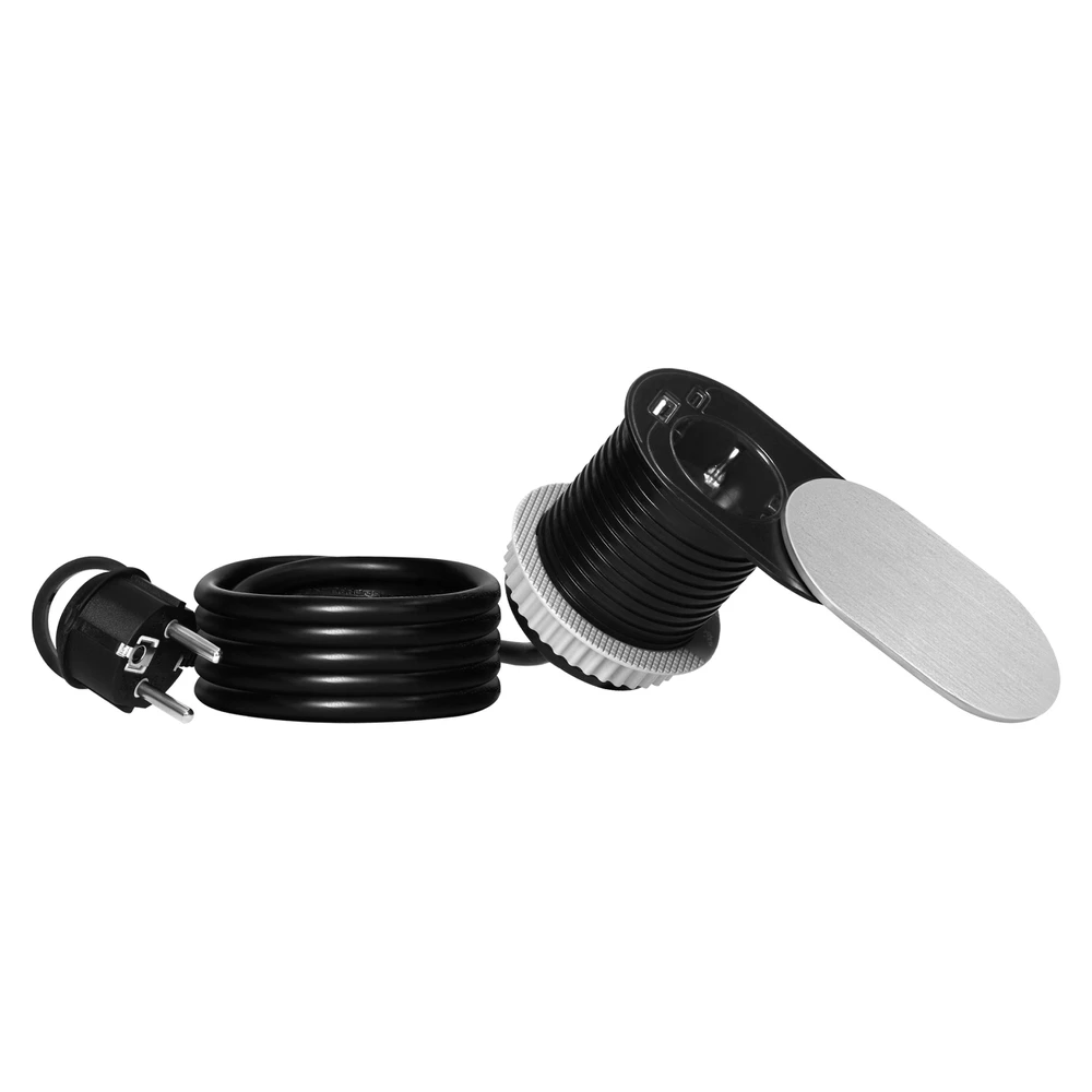 Orno Lizdas Baldinis lizdas Ø6cm, įleidžiamas į stalviršį su stumdomu dangteliu, USB įkrovikliu ir 1,9m laidu, 1x2P+Z (Schuko), 2xUSB (A+C tipo; PD20W), sidabrinis