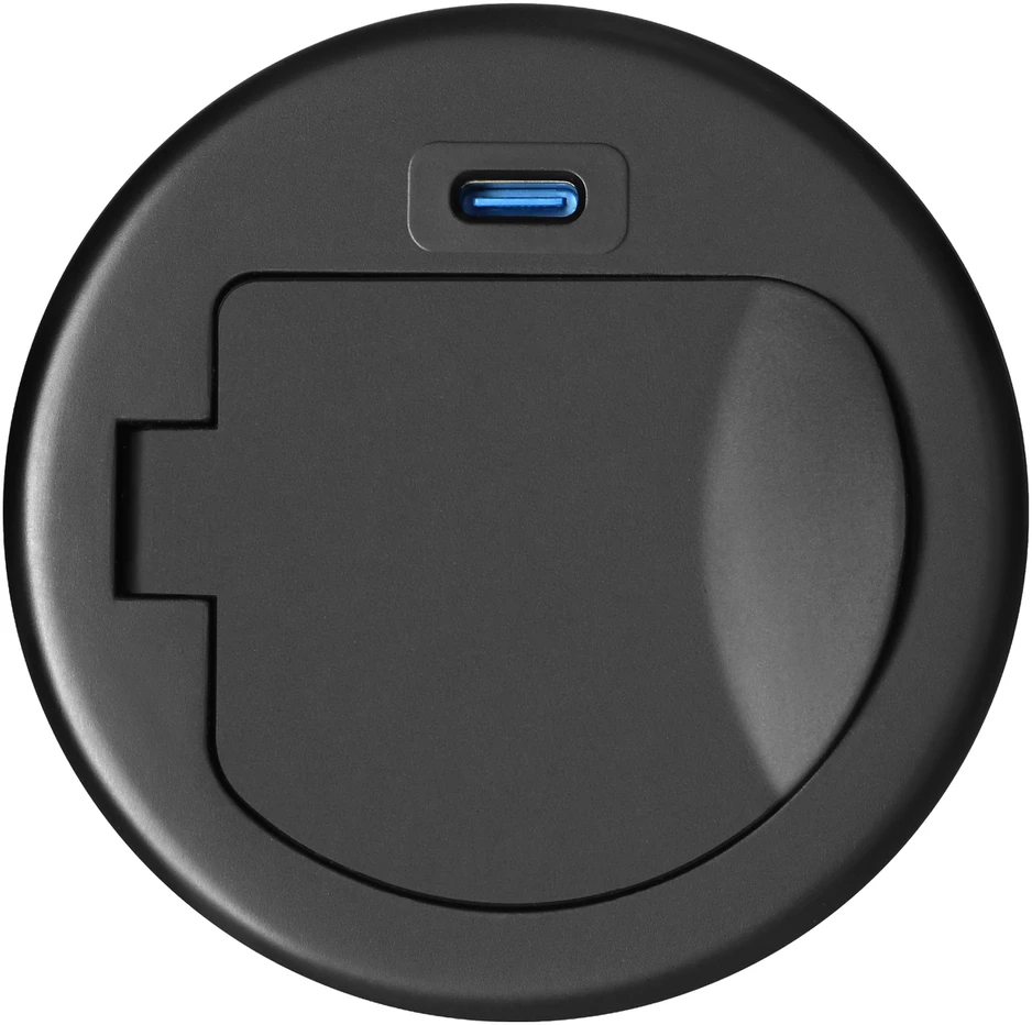 Orno Lizdas Baldinis lizdas Ø6cm, įleidžiamas į stalviršį, su dangteliu, USB įkrovikliu ir 1,9m laidu, 1x2P+Z (prancūziškas), 1xUSB (C tipo; 20W), juodas