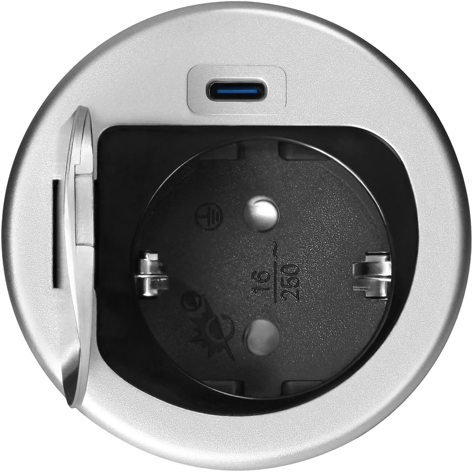 Orno Lizdas Baldinis lizdas Ø6cm, įleidžiamas į stalviršį, su dangteliu, USB įkrovikliu ir 1,9m laidu, 1x2P+Z (Schuko), 1xUSB (C tipo; 20W), sidabrinis