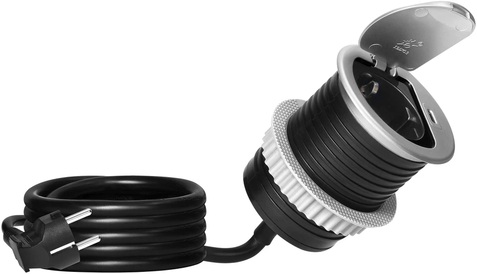 Orno Lizdas Baldinis lizdas Ø6cm, įleidžiamas į stalviršį, su dangteliu, USB įkrovikliu ir 1,9m laidu, 1x2P+Z (Schuko), 1xUSB (C tipo; 20W), sidabrinis