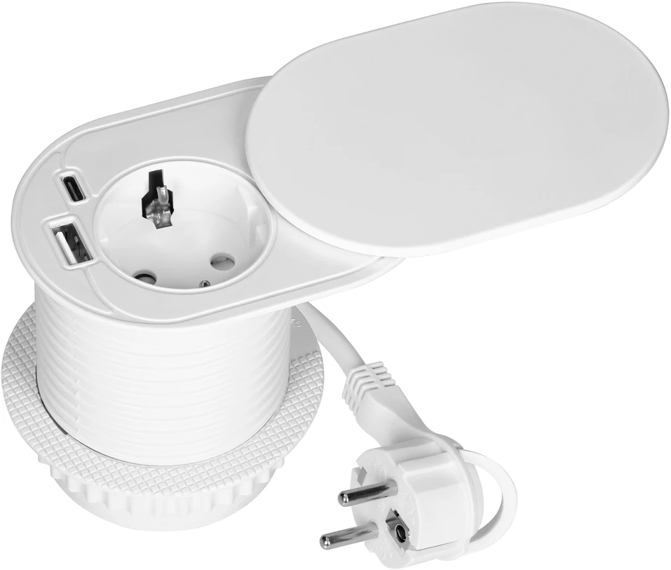 Orno Lizdas Baldinis lizdas Ø6cm, įleidžiamas į stalviršį su stumdomu dangteliu, USB įkrovikliu ir 1,9m laidu, 1x2P+Z (Schuko), 2xUSB (A+C tipo; PD20W), baltas