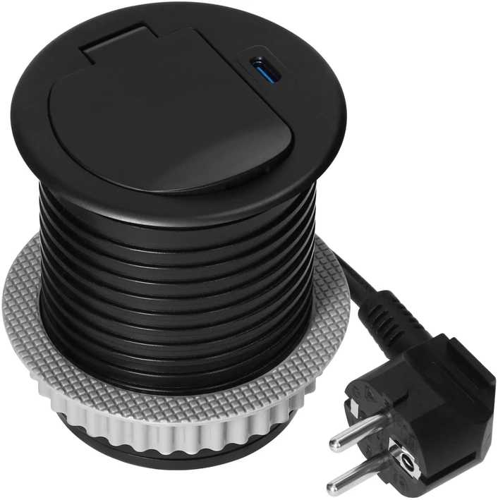 Orno Lizdas Baldinis lizdas Ø6cm, įleidžiamas į stalviršį, su dangteliu, USB įkrovikliu ir 1,9m laidu, 1x2P+Z (prancūziškas), 1xUSB (C tipo; 20W), juodas