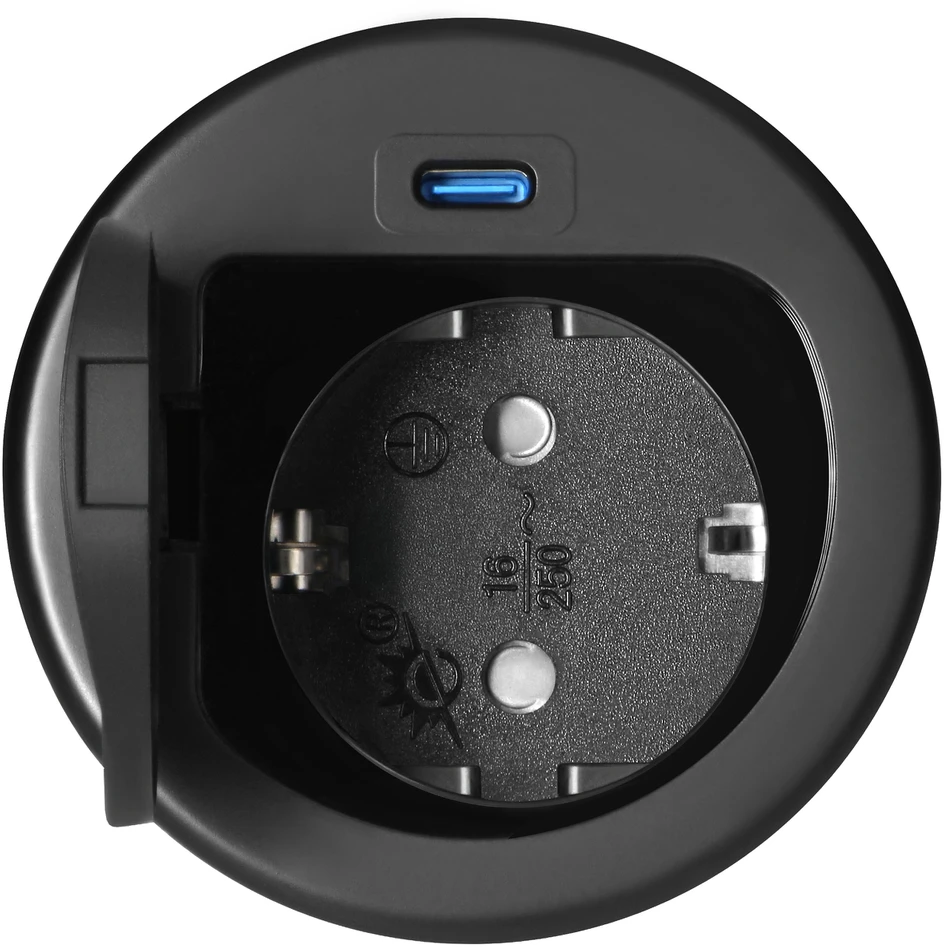Orno Lizdas Baldinis lizdas Ø6cm, įleidžiamas į stalviršį, su dangteliu, USB įkrovikliu ir 1,9m laidu, 1x2P+Z (Schuko), 1xUSB (C tipo; 20W), juodas