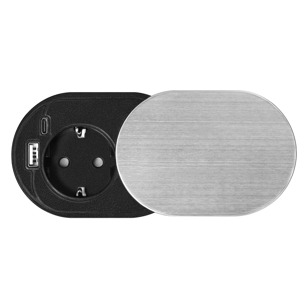 Orno Lizdas Baldinis lizdas Ø6cm, įleidžiamas į stalviršį su stumdomu dangteliu, USB įkrovikliu ir 1,9m laidu, 1x2P+Z (Schuko), 2xUSB (A+C tipo; PD20W), sidabrinis