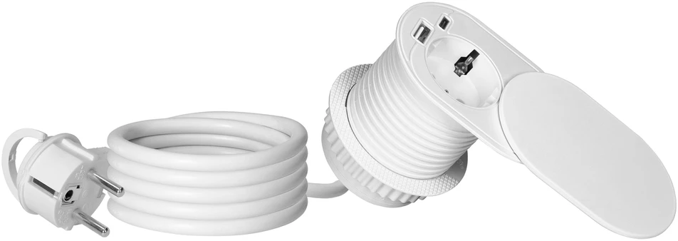 Orno Lizdas Baldinis lizdas Ø6cm, įleidžiamas į stalviršį su stumdomu dangteliu, USB įkrovikliu ir 1,9m laidu, 1x2P+Z (Schuko), 2xUSB (A+C tipo; PD20W), baltas