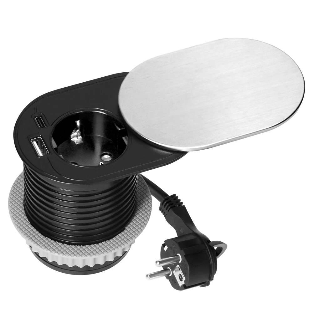Orno Lizdas Baldinis lizdas Ø6cm, įleidžiamas į stalviršį su stumdomu dangteliu, USB įkrovikliu ir 1,9m laidu, 1x2P+Z (Schuko), 2xUSB (A+C tipo; PD20W), sidabrinis