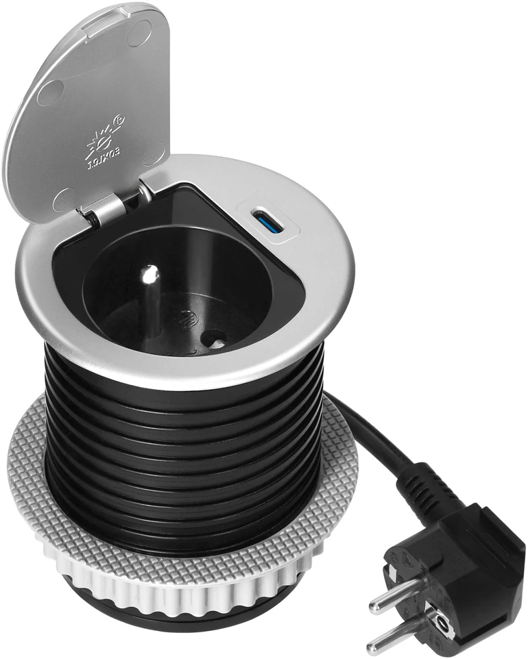 Gniazdo Lizdas Baldinis lizdas Ø6cm, įleidžiamas į stalviršį, su dangteliu, USB įkrovikliu ir 1,9m laidu, 1x2P+Z (prancūziškas), 1xUSB (C tipo; PD20W), sidabrinis