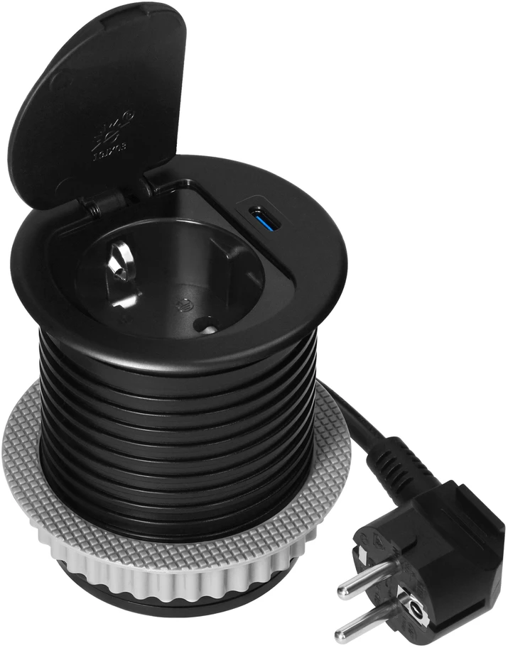 Orno Lizdas Baldinis lizdas Ø6cm, įleidžiamas į stalviršį, su dangteliu, USB įkrovikliu ir 1,9m laidu, 1x2P+Z (Schuko), 1xUSB (C tipo; 20W), juodas