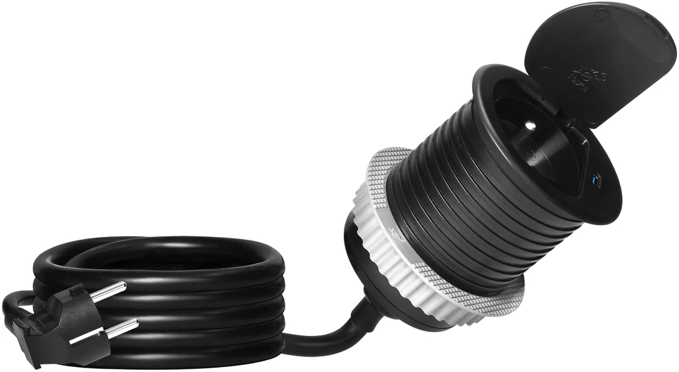 Orno Lizdas Baldinis lizdas Ø6cm, įleidžiamas į stalviršį, su dangteliu, USB įkrovikliu ir 1,9m laidu, 1x2P+Z (prancūziškas), 1xUSB (C tipo; 20W), juodas