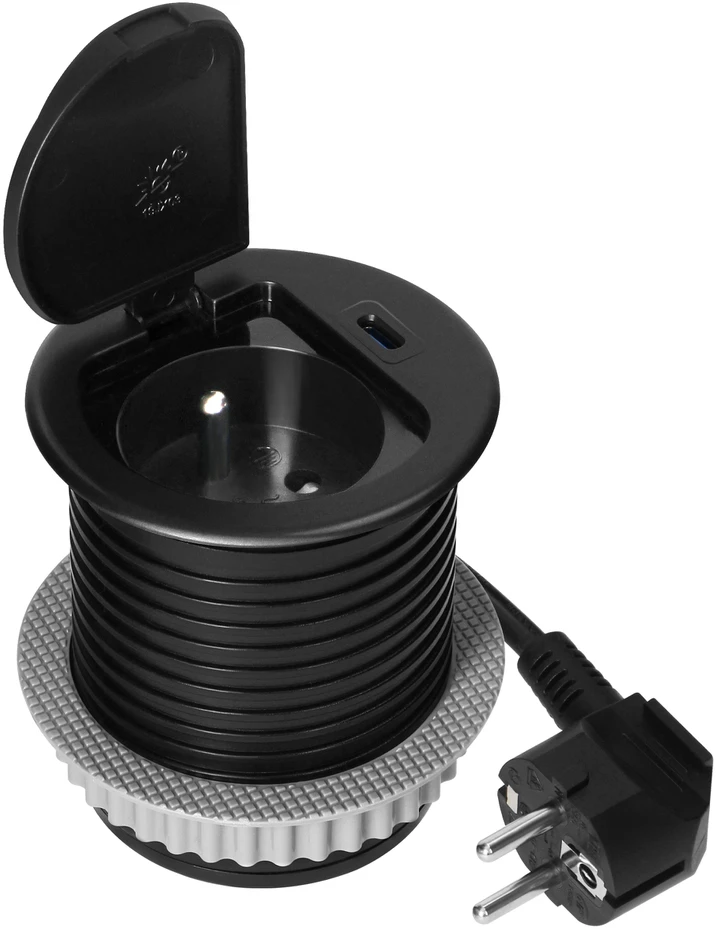 Orno Lizdas Baldinis lizdas Ø6cm, įleidžiamas į stalviršį, su dangteliu, USB įkrovikliu ir 1,9m laidu, 1x2P+Z (prancūziškas), 1xUSB (C tipo; 20W), juodas