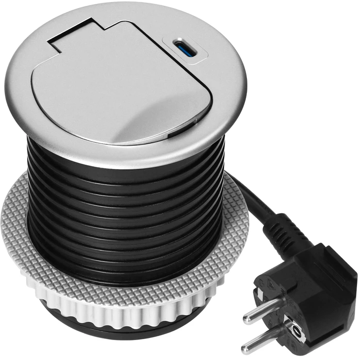 Orno Lizdas Baldinis lizdas Ø6cm, įleidžiamas į stalviršį, su dangteliu, USB įkrovikliu ir 1,9m laidu, 1x2P+Z (Schuko), 1xUSB (C tipo; 20W), sidabrinis
