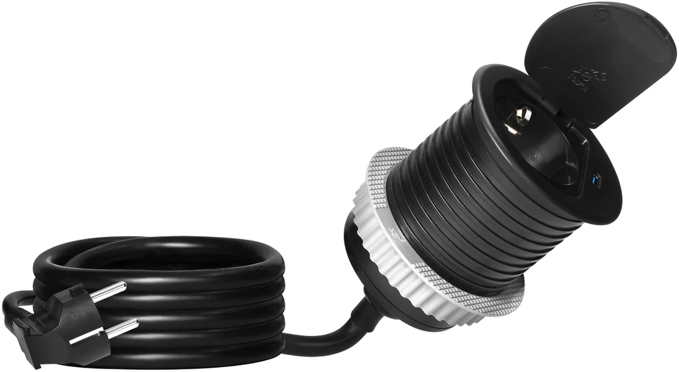 Orno Lizdas Baldinis lizdas Ø6cm, įleidžiamas į stalviršį, su dangteliu, USB įkrovikliu ir 1,9m laidu, 1x2P+Z (Schuko), 1xUSB (C tipo; 20W), juodas