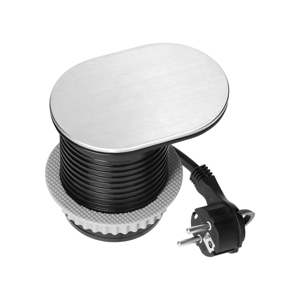 Orno Lizdas Baldinis lizdas Ø6cm, įleidžiamas į stalviršį su stumdomu dangteliu, USB įkrovikliu ir 1,9m laidu, 1x2P+Z (Schuko), 2xUSB (A+C tipo; PD20W), sidabrinis