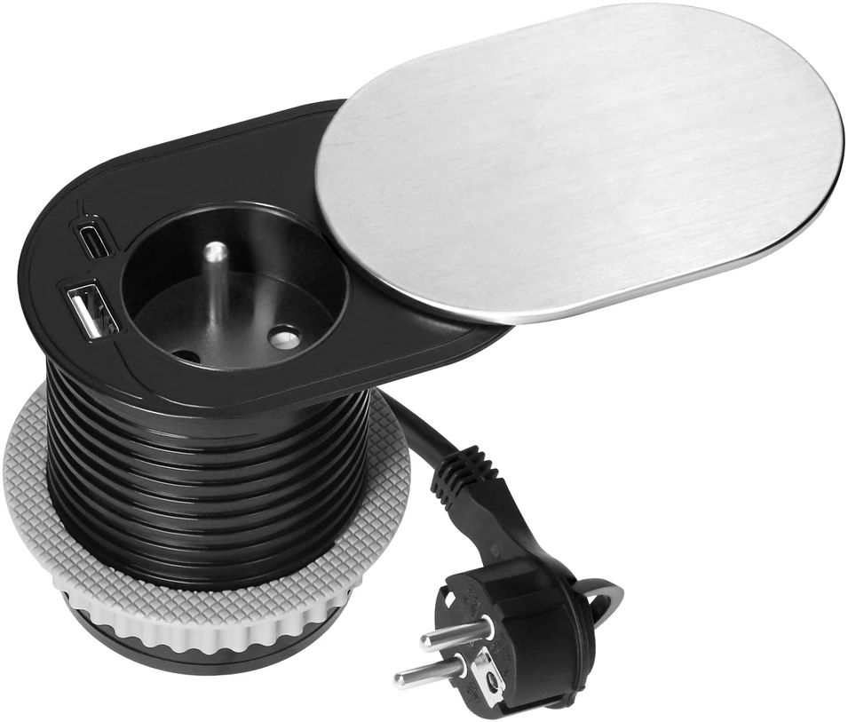 Orno Lizdas Baldinis lizdas Ø6cm, įleidžiamas į stalviršį su stumdomu dangteliu, USB įkrovikliu ir 1,9m laidu, 1x2P+Z (prancūziškas), 2xUSB (A+C tipo; PD20W), sidabrinis