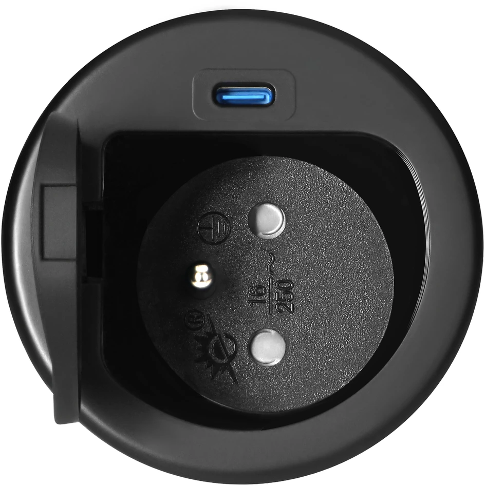 Orno Lizdas Baldinis lizdas Ø6cm, įleidžiamas į stalviršį, su dangteliu, USB įkrovikliu ir 1,9m laidu, 1x2P+Z (prancūziškas), 1xUSB (C tipo; 20W), juodas