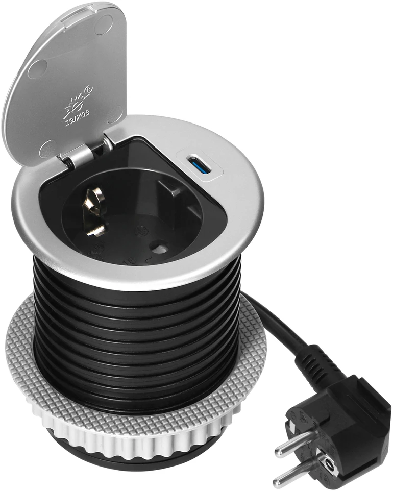 Orno Lizdas Baldinis lizdas Ø6cm, įleidžiamas į stalviršį, su dangteliu, USB įkrovikliu ir 1,9m laidu, 1x2P+Z (Schuko), 1xUSB (C tipo; 20W), sidabrinis