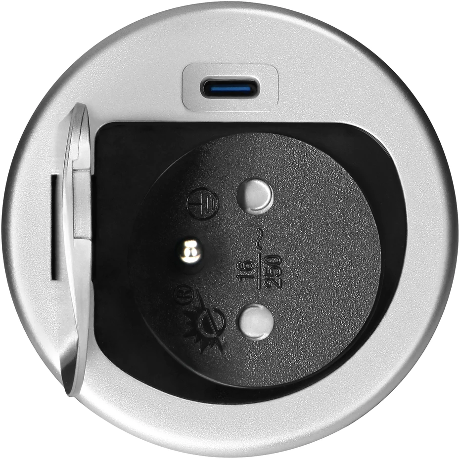 Gniazdo Lizdas Baldinis lizdas Ø6cm, įleidžiamas į stalviršį, su dangteliu, USB įkrovikliu ir 1,9m laidu, 1x2P+Z (prancūziškas), 1xUSB (C tipo; PD20W), sidabrinis