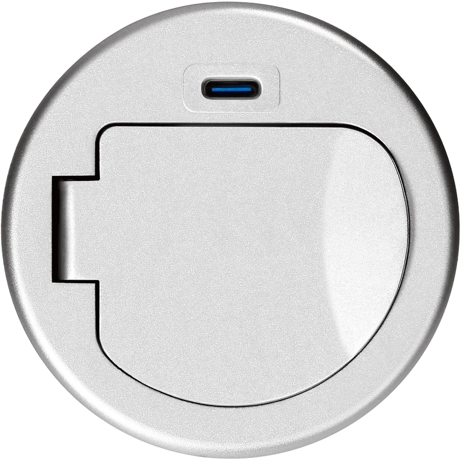 Gniazdo Lizdas Baldinis lizdas Ø6cm, įleidžiamas į stalviršį, su dangteliu, USB įkrovikliu ir 1,9m laidu, 1x2P+Z (prancūziškas), 1xUSB (C tipo; PD20W), sidabrinis
