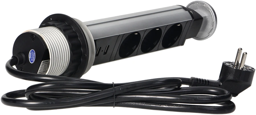 Orno Lizdas Baldinis lizdas Ø6cm, ištraukiamas iš stalviršio, su USB įkrovikliu, spyna ir 1,8m laidu, 3x2P+Z (Schuko), sidabrinis