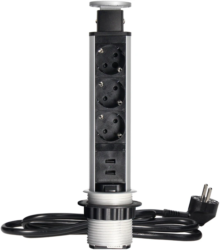 Orno Lizdas Baldinis lizdas Ø6cm, ištraukiamas iš stalviršio, su USB įkrovikliu, spyna ir 1,8m laidu, 3x2P+Z (Schuko), sidabrinis
