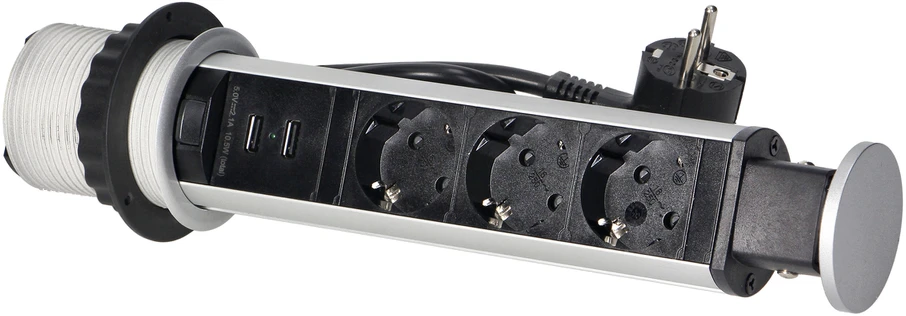 Orno Lizdas Baldinis lizdas Ø6cm, ištraukiamas iš stalviršio, su USB įkrovikliu, spyna ir 1,8m laidu, 3x2P+Z (Schuko), sidabrinis