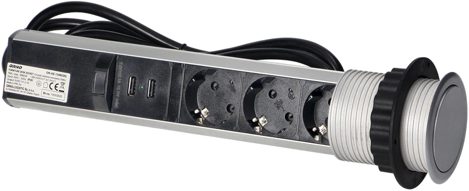Orno Lizdas Baldinis lizdas Ø6cm, ištraukiamas iš stalviršio, su USB įkrovikliu, spyna ir 1,8m laidu, 3x2P+Z (Schuko), sidabrinis