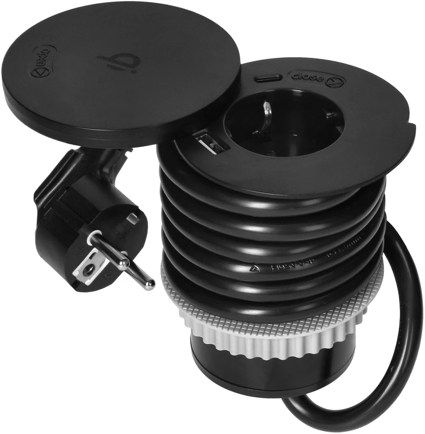 Orno Lizdas Baldinis lizdas Ø6cm su besisukančiu dangteliu, indukciniu įkrovikliu, USB įkrovikliu ir 1,5m laidu, 1x2P+Z (Schuko), Qi 1.2.4 maks. 10W, 2xUSB (A ir C tipo, 2,4A), juodas