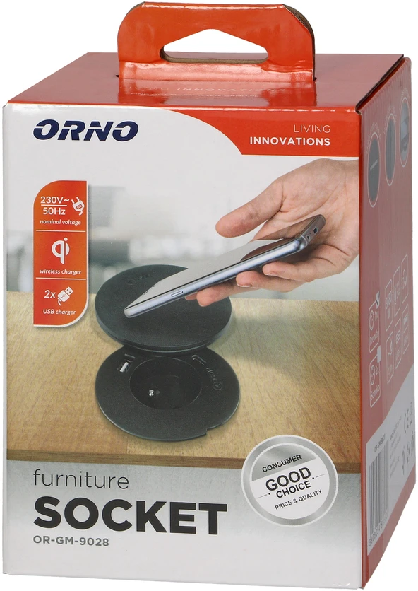 Orno Lizdas Baldinis lizdas Ø6cm su besisukančiu dangteliu, indukciniu įkrovikliu, USB įkrovikliu ir 1,5m laidu, 1x2P+Z, Qi 1.2.4 maks. 10W, 2xUSB (A ir C tipo, 2,4A), juodas