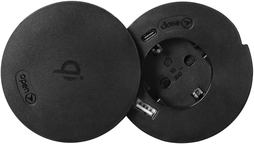 Orno Lizdas Baldinis lizdas Ø6cm su besisukančiu dangteliu, indukciniu įkrovikliu, USB įkrovikliu ir 1,5m laidu, 1x2P+Z (Schuko), Qi 1.2.4 maks. 10W, 2xUSB (A ir C tipo, 2,4A), juodas