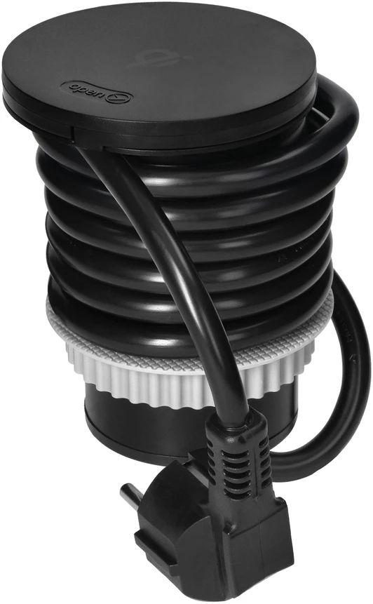 Orno Lizdas Baldinis lizdas Ø6cm su besisukančiu dangteliu, indukciniu įkrovikliu, USB įkrovikliu ir 1,5m laidu, 1x2P+Z, Qi 1.2.4 maks. 10W, 2xUSB (A ir C tipo, 2,4A), juodas