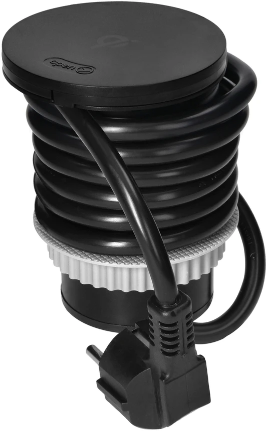 Orno Lizdas Baldinis lizdas Ø6cm su besisukančiu dangteliu, indukciniu įkrovikliu, USB įkrovikliu ir 1,5m laidu, 1x2P+Z (Schuko), Qi 1.2.4 maks. 10W, 2xUSB (A ir C tipo, 2,4A), juodas