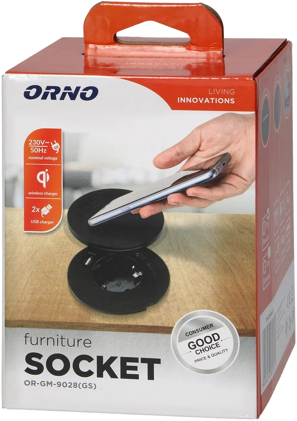 Orno Lizdas Baldinis lizdas Ø6cm su besisukančiu dangteliu, indukciniu įkrovikliu, USB įkrovikliu ir 1,5m laidu, 1x2P+Z (Schuko), Qi 1.2.4 maks. 10W, 2xUSB (A ir C tipo, 2,4A), juodas
