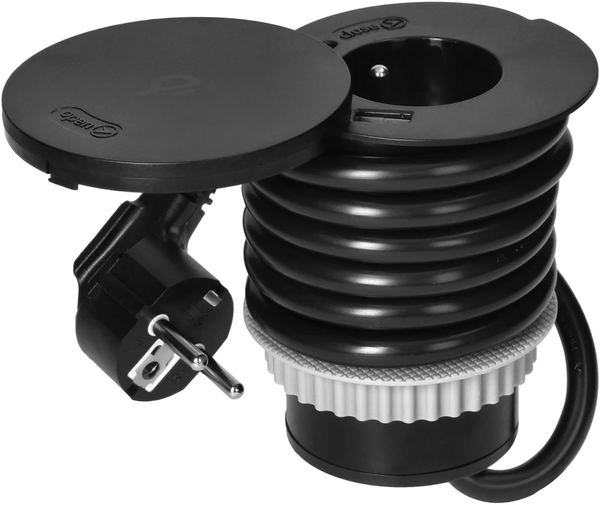 Orno Lizdas Baldinis lizdas Ø6cm su besisukančiu dangteliu, indukciniu įkrovikliu, USB įkrovikliu ir 1,5m laidu, 1x2P+Z, Qi 1.2.4 maks. 10W, 2xUSB (A ir C tipo, 2,4A), juodas