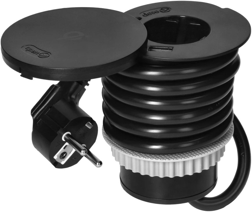 Orno Lizdas Baldinis lizdas Ø6cm su besisukančiu dangteliu, indukciniu įkrovikliu, USB įkrovikliu ir 1,5m laidu, 1x2P+Z (Schuko), Qi 1.2.4 maks. 10W, 2xUSB (A ir C tipo, 2,4A), juodas