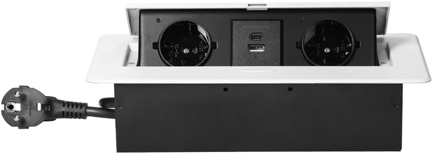 Orno Lizdas Baldinis lizdas, įleidžiamas į stalviršį, su plokščiu frezuotu kraštu, USB įkrovikliu ir 1,5 m laidu, 2x2P+Z (Schuko), 2xUSB (A+C tipo; 3,6A), baltas