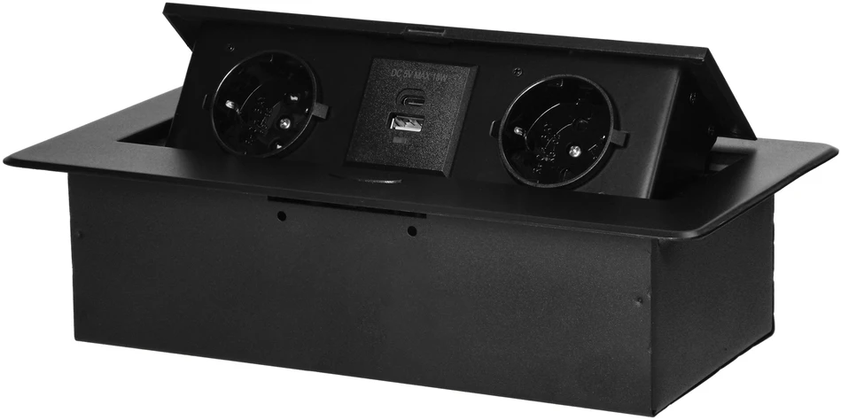 Orno Lizdas Baldinis lizdas, įleidžiamas į stalviršį, su plokščiu frezuotu kraštu ir USB įkrovikliu, 2x2P+Z (Schuko), 2x USB (A+C tipo; 3,6A), juodas