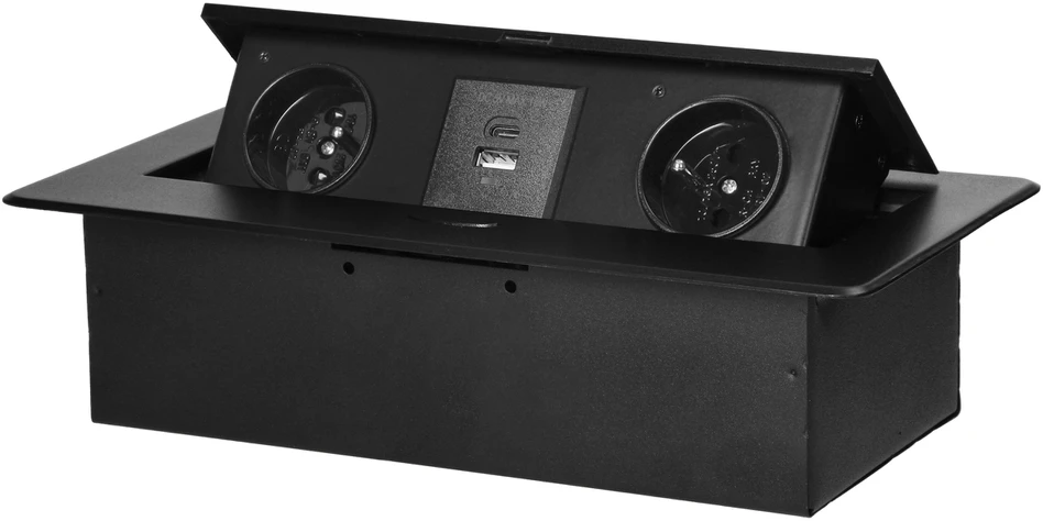Orno Lizdas Baldinis lizdas, įleidžiamas į stalviršį, su plokščiu frezuotu kraštu ir USB įkrovikliu, 2x2P+Z, 2xUSB (A+C tipo; 3,6A), juodas