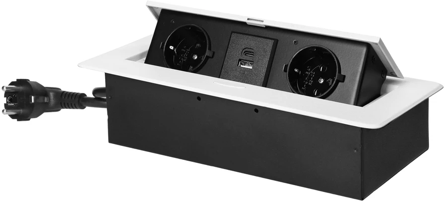 Orno Lizdas Baldinis lizdas, įleidžiamas į stalviršį, su plokščiu frezuotu kraštu, USB įkrovikliu ir 1,5 m laidu, 2x2P+Z (Schuko), 2xUSB (A+C tipo; 3,6A), baltas