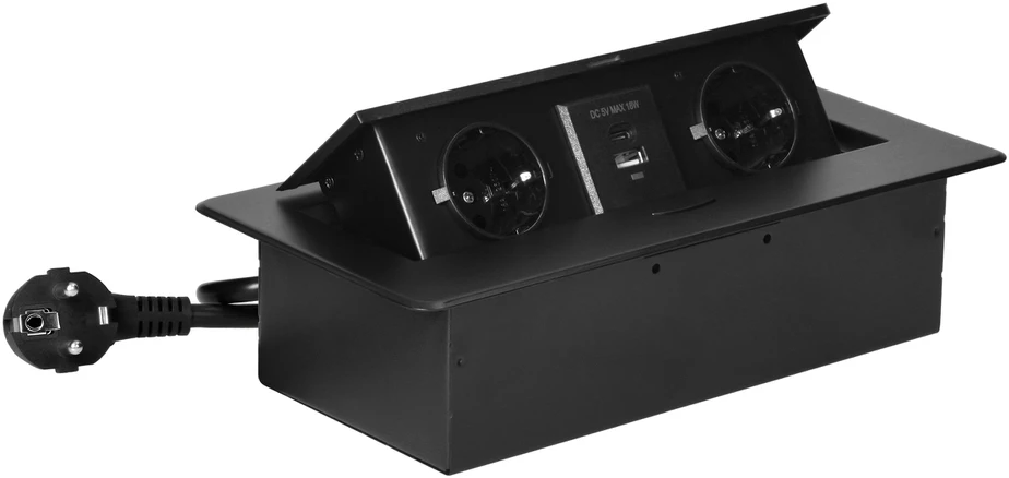 Orno Lizdas Baldinis lizdas, įleidžiamas į stalviršį, su plokščiu frezuotu kraštu, USB įkrovikliu ir 1,5 m laidu, 2x2P+Z (Schuko), 2xUSB (A+C tipo; 3,6A), juodas