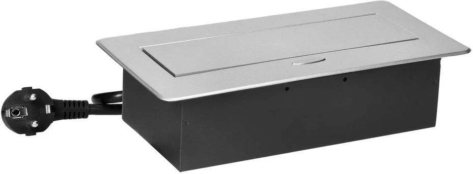 Orno Lizdas Baldinis lizdas, įleidžiamas į stalviršį, su plokščiu frezuotu kraštu, USB įkrovikliu ir 1,5 m laidu, 2x2P+Z (Schuko), 2xUSB (A+C tipo; 3,6A), sidabrinis