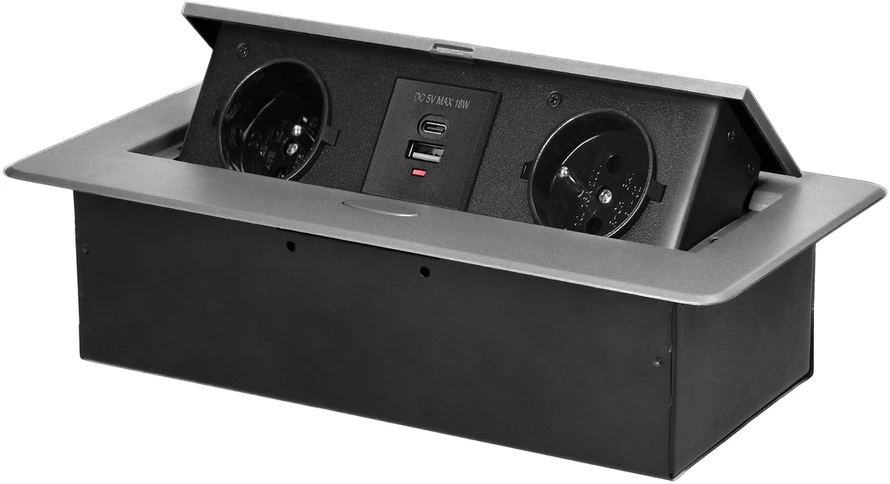 Orno Lizdas Baldinis lizdas, įleidžiamas į stalviršį, su plokščiu frezuotu kraštu ir USB įkrovikliu, 2x2P+Z, 2xUSB (A+C tipo; 3,6A), sidabrinis