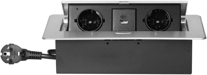 Orno Lizdas Baldinis lizdas, įleidžiamas į stalviršį, su plokščiu frezuotu kraštu, USB įkrovikliu ir 1,5 m laidu, 2x2P+Z (Schuko), 2xUSB (A+C tipo; 3,6A), sidabrinis
