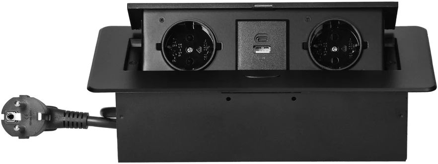 Orno Lizdas Baldinis lizdas, įleidžiamas į stalviršį, su plokščiu frezuotu kraštu, USB įkrovikliu ir 1,5 m laidu, 2x2P+Z (Schuko), 2xUSB (A+C tipo; 3,6A), juodas