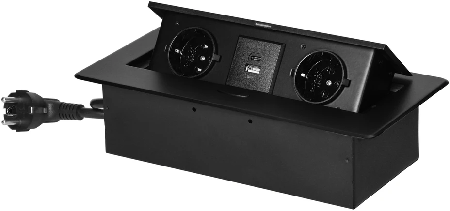 Orno Lizdas Baldinis lizdas, įleidžiamas į stalviršį, su plokščiu frezuotu kraštu, USB įkrovikliu ir 1,5 m laidu, 2x2P+Z (Schuko), 2xUSB (A+C tipo; 3,6A), juodas