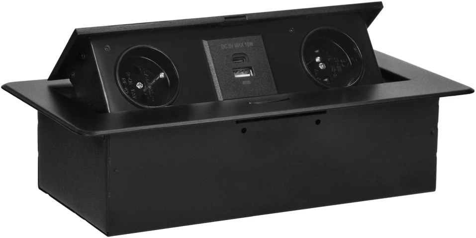 Orno Lizdas Baldinis lizdas, įleidžiamas į stalviršį, su plokščiu frezuotu kraštu ir USB įkrovikliu, 2x2P+Z, 2xUSB (A+C tipo; 3,6A), juodas