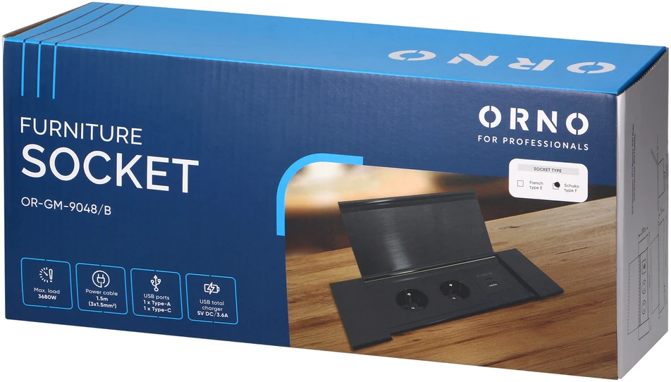 Gniazdo Lizdas Baldinis lizdas, įleidžiamas į stalviršį, su plokščiu frezuotu kraštu, atlenkiamu dangteliu, USB įkrovikliu ir 1,5 m laidu, 2x2P+Z (Schuko), 2xUSB (A+C tipo; 3,6A), juodas